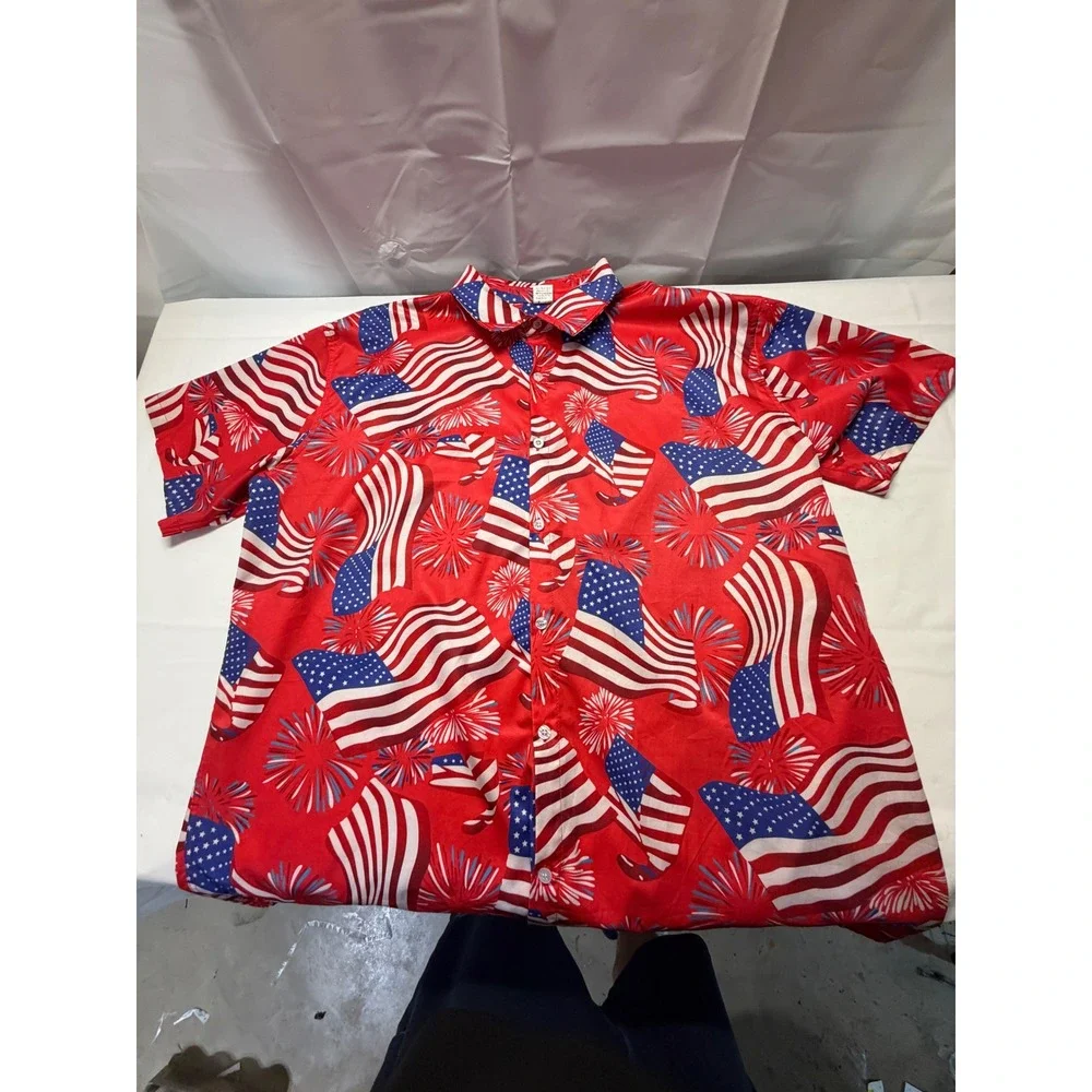 Mens American Flag Fireworks Button Down Shirt Red Patriotic 4th of July XXL - Picture 2 of 8